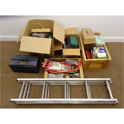  Large quantity of hand tools comprising of saws, a socket set, hammers etc and a small three section aluminium ladder  