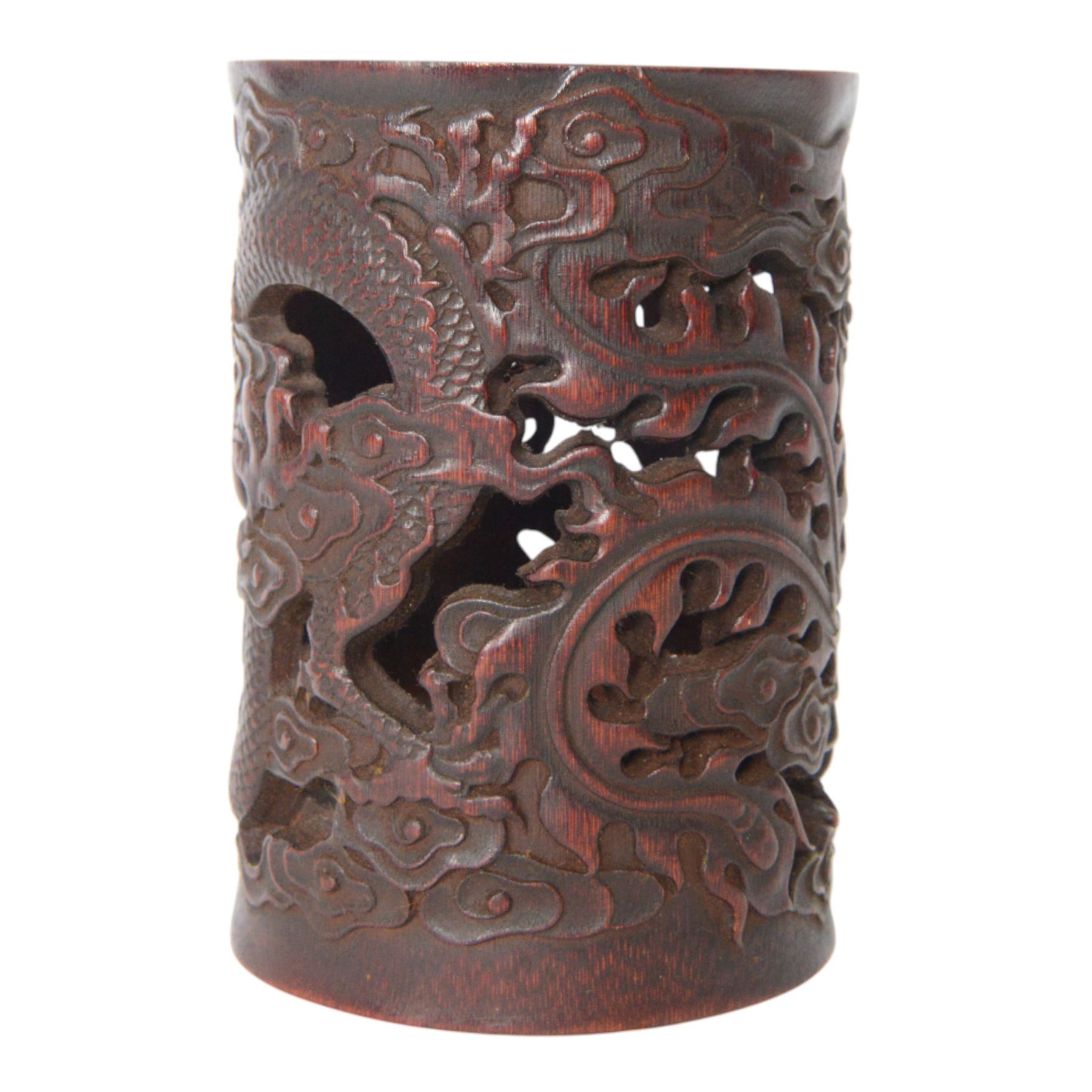 Carved brush pot, decorated with dragon and ho ho bird, H17cm