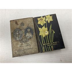 Victorian leather cigar protector with metal match striking plate on the end and internal spring to hold the cigars in place; expands for differing lengths of cigar, minimum L12.5cm; another similar leather cigar case marked Middlemore's Patent with attached vesta case and striker; three Bryant & Mays tin-late matchbox holders including 1935 Jubilee; and small box of matches (6)