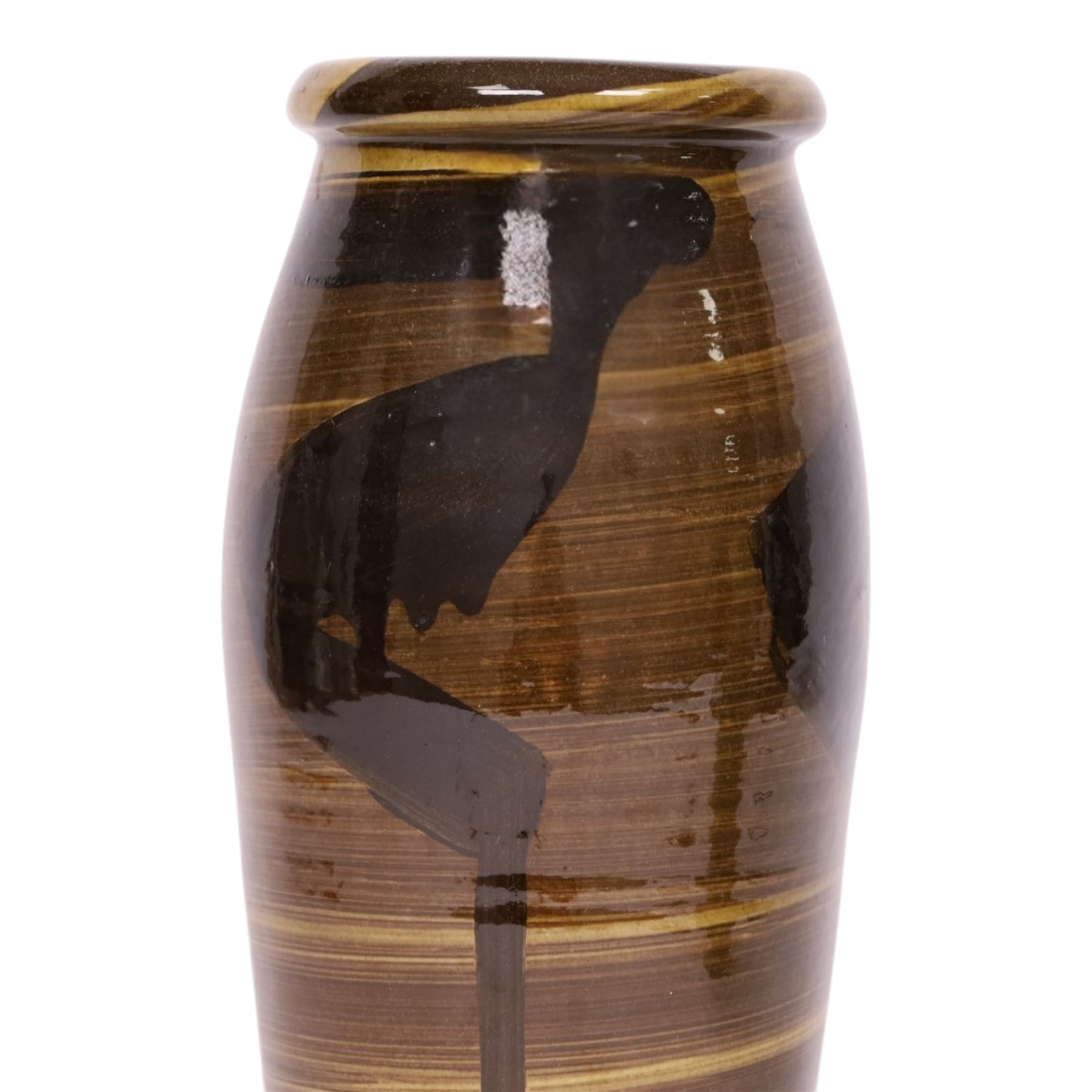 Studio pottery vase by Menston Art Pottery, decorated with brown and green slipware design, H39cm