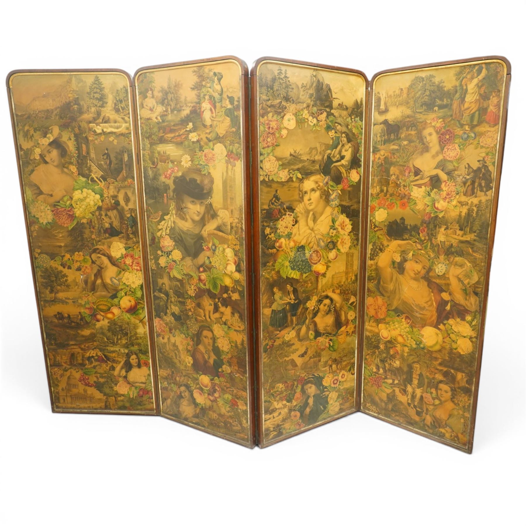Victorian mahogany framed decoupage four-fold screen, the panels decorated with pastoral landscapes and figural scenes, within rounded moulded frames, fitted with brass mounts and amber glass handles