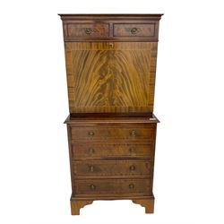 Shaw of London - mahogany secretaire chest, the upper section fitted with two drawers over fall front enclosing drawers, cupboard and pigeon holes, the lower section fitted with four graduating drawers, on bracket feet