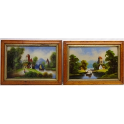  Continental River Landscapes, 19th/20th century paintings on glass unsigned 39.5cm x 59.5cm in maple frames (2)  