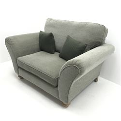 Aspen snuggler armchair upholstered in a tweed style fabric, turned supports, W150cm