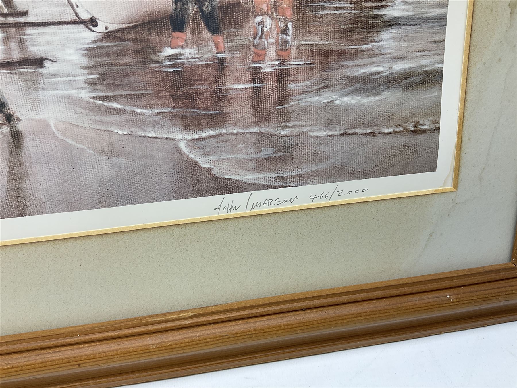 After Henry Scott: 'The Great Race from China to London' colour print together with large print diagram of a trawler, two other marine prints and a print of a WWII Halifax unit max 68cm x 108cm (5)