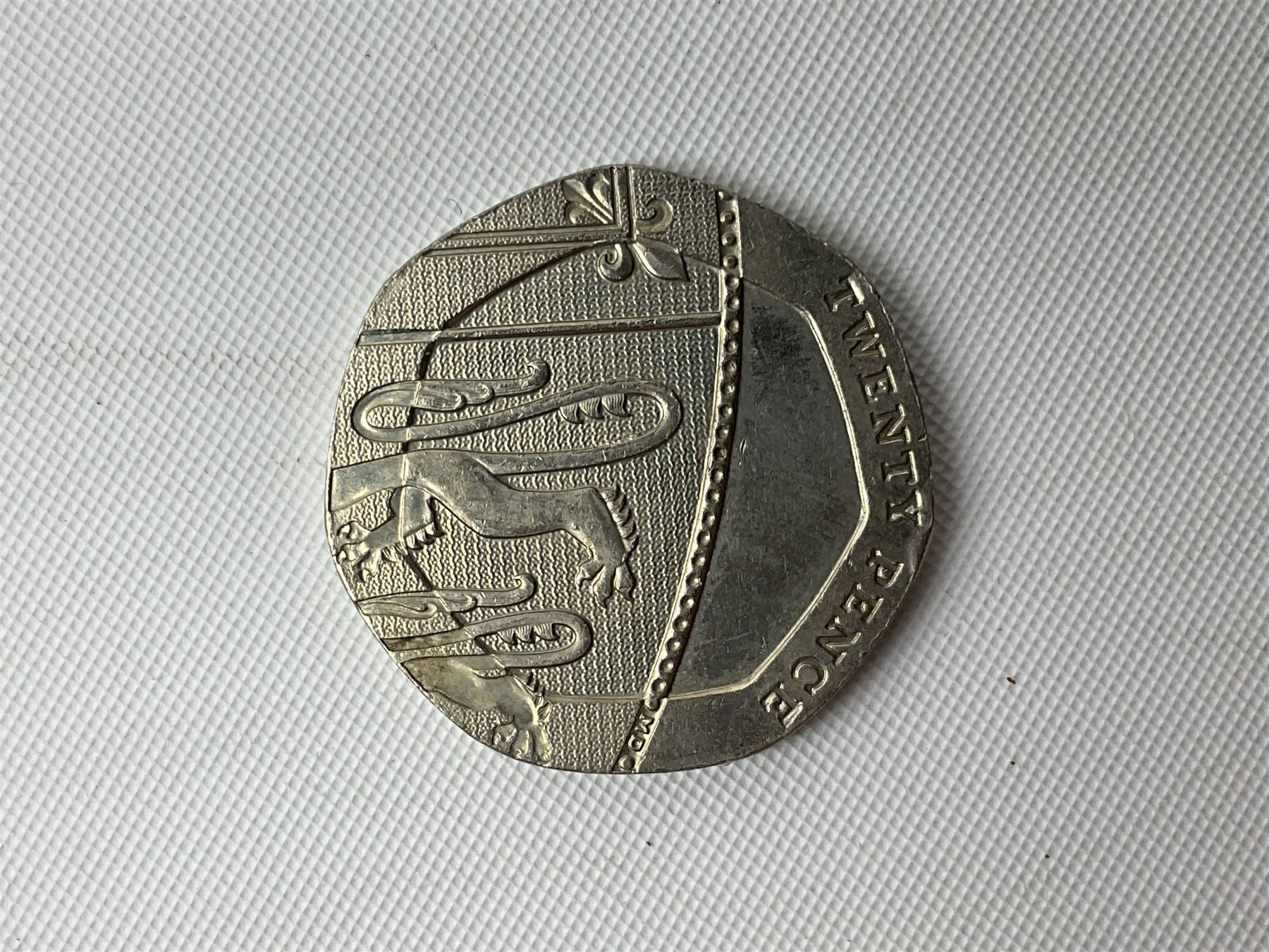 Queen Elizabeth II undated error twenty pence coin, from 2008