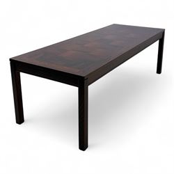 Heggen, Norway - 1970s parquetry veneered rosewood coffee table, the top with 'patchwork' parquetry design, raised on square-section supports