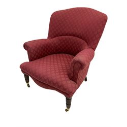 Peter Guild - Victorian style upholstered armchair, tan shaped back, mahogany legs