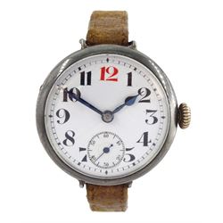 WWI silver trench wristwatch, white enamel dial with Arabic numerals, red 12 and subsidiary seconds dial, the back case engraved Nov 27th 1915, case by Stockwell & Co, London import mark 1914, on brown leather strap