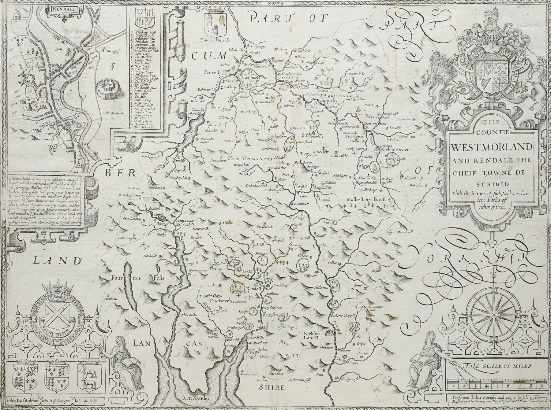 John Speed (British 1552-1629): 'The Countie of Westmorland and Kendale the Cheif Towne Described', 17th century engraved map uncoloured with inset town plan of Kendal and armorials pub. Thomas Bassett & Richard Chiswell  c.1676, with margins, 42cm x 52cm