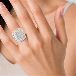 White gold diamond cluster ring, pave set with princess cut, baguette cut and round brilliant cut diamonds, hallmarked 9ct, total diamond weight 3.40 carat