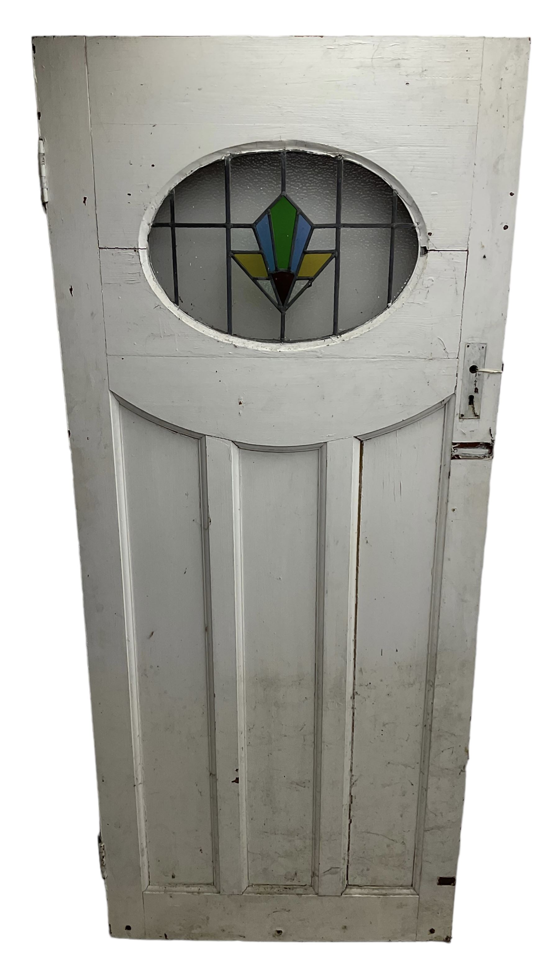 1930s external door with stained leaded glass panel (86cm x 203cm), six small stained glass windows in wooden frames (W52cm); and various loose stained leaded glass panels