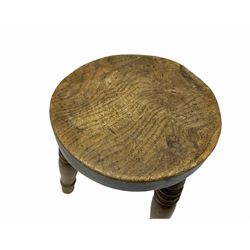 Miniature stool with an elm top upon three birch turned legs H26cm, together with elm topped stool upon four ash turned legs H34cm. 