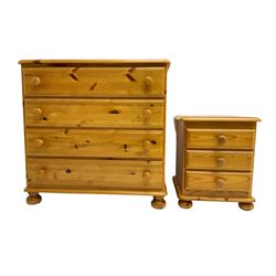 Pine four drawer chest (W87cm H85cm); and a pine three drawer bedside cabinet (W45cm H55cm)