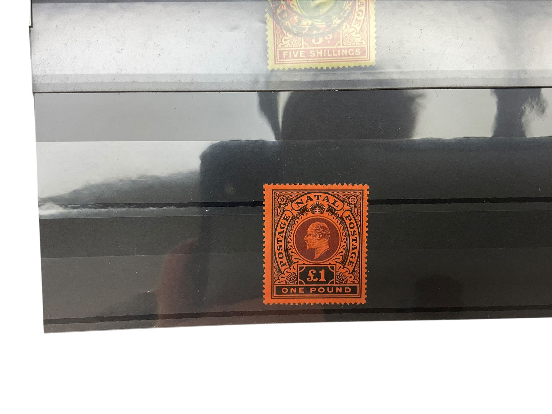 Transvaal King Edward VII 1903 five pounds with 'registered' cancel, Natal King Edward VII 1908/9 one pound, Basutoland King George V 1933 set of ten to ten shillings and other stamps with specimen overprints etc