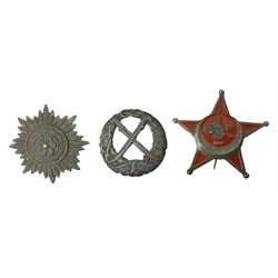 WW2 German Eastern Peoples 1st Class badge in 'silver' with pin marked '100' verso; WW2 Italian Russian Front badge marked verso 'F.M. Lorioli Fratelli Via F. Bronzetti 25 Milano Modello Depositato N.38'; and WW1 Turkish half-moon badge with pin (3)