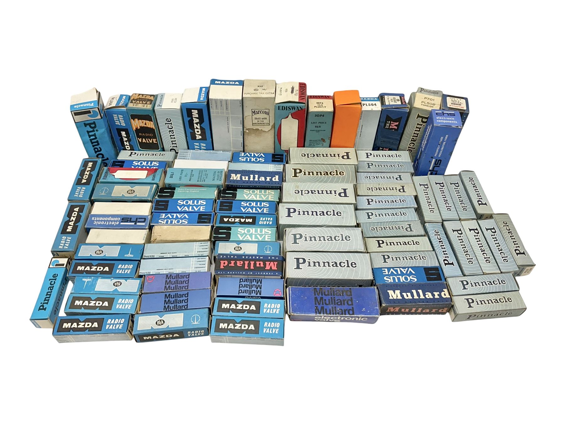 Collection of empty boxes for Pinnacle, Mazda, Mullard, Solus etc, thermionic vacuum tubes/valves, approximately 83