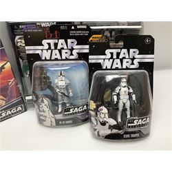 Star Wars - The Saga Collection - Mace Windu's Jedi Starfighter; boxed; and twelve carded figures comprising Biker Scout, General Grievous, At-At Driver, Clone Trooper Sergeant, various other Clone Troopers and Commander Cody, Snowtrooper and Scorch Republic Commander; all in unopened blister packs (13)