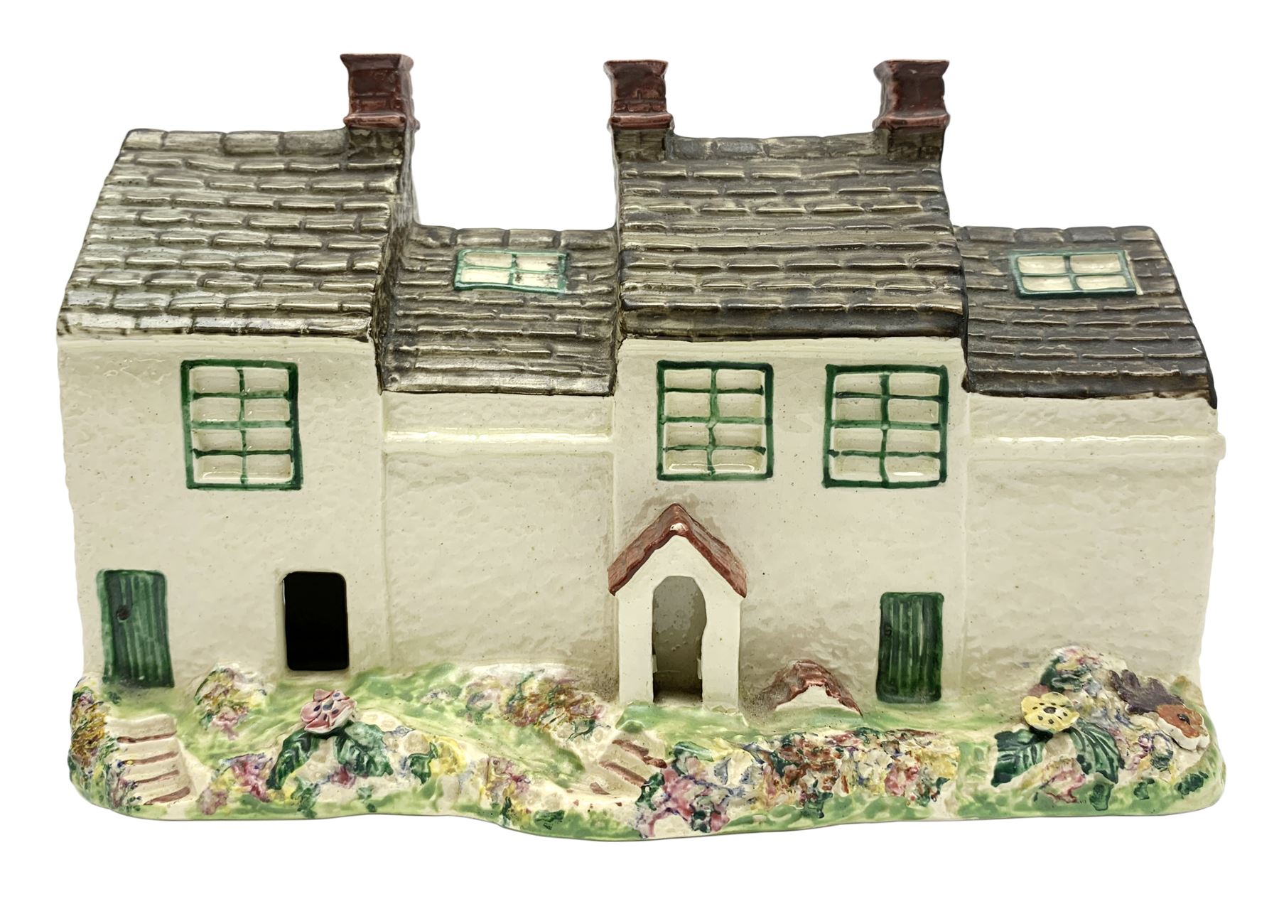 Leeds Pottery pastille burner modelled as two terrace cottages, with impressed mark beneath, H12cm L19cm