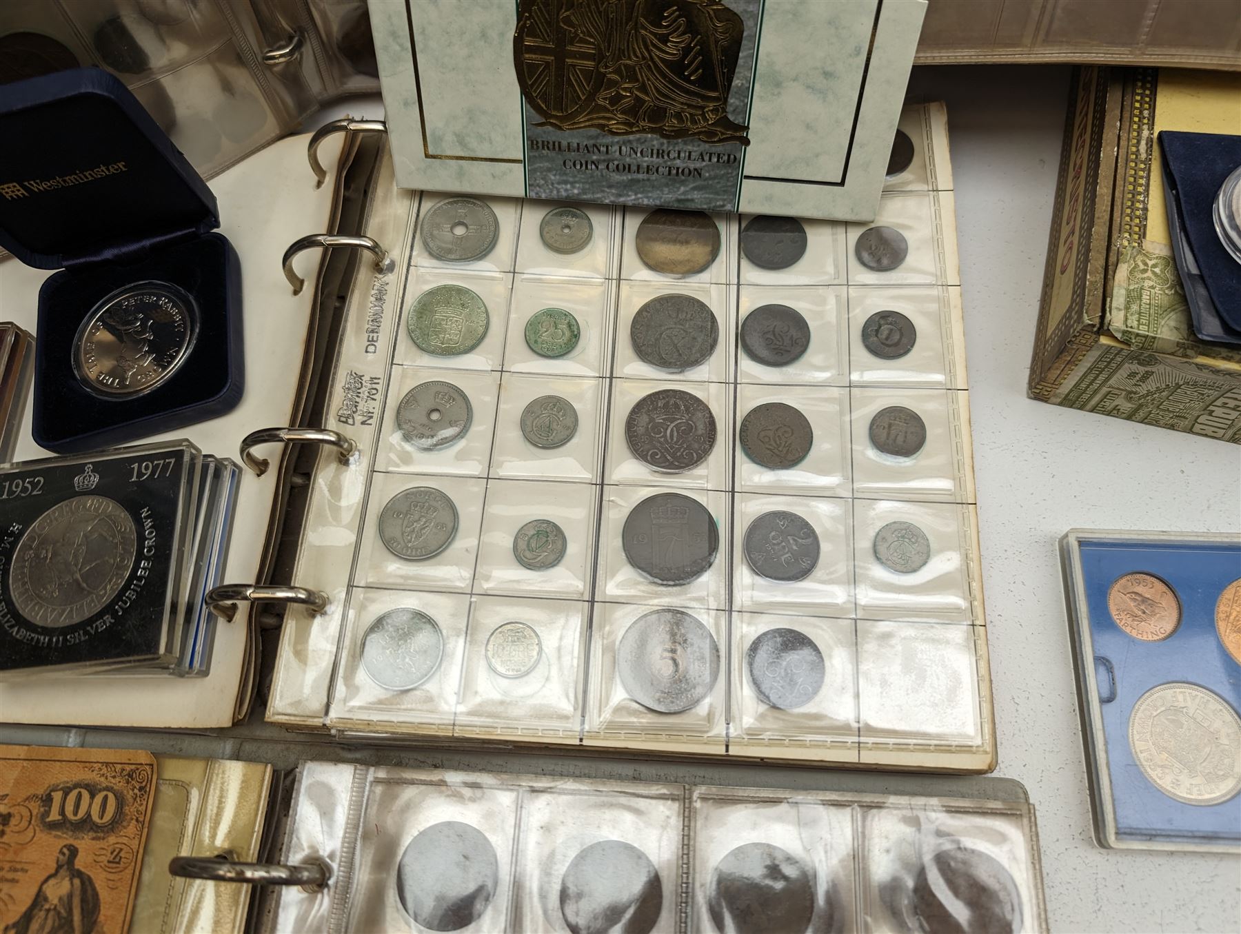Great British and World coins, including 1996 brilliant uncirculated coin collection in card folder, 1998 proof coin set in blue display with certificate, commemorative crowns, 1953 unofficial year set in plastic holder, pre-decimal coinage, pre-Euro coinage etc, housed in various ring binder folders and loose