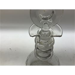 19th century clear glass jug with double ring neck and swan neck handle, together with four 19th century clear glass decanters to include etched examples with triple ring necks, cut examples etc