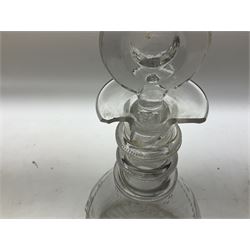 19th century clear glass jug with double ring neck and swan neck handle, together with four 19th century clear glass decanters to include etched examples with triple ring necks, cut examples etc
