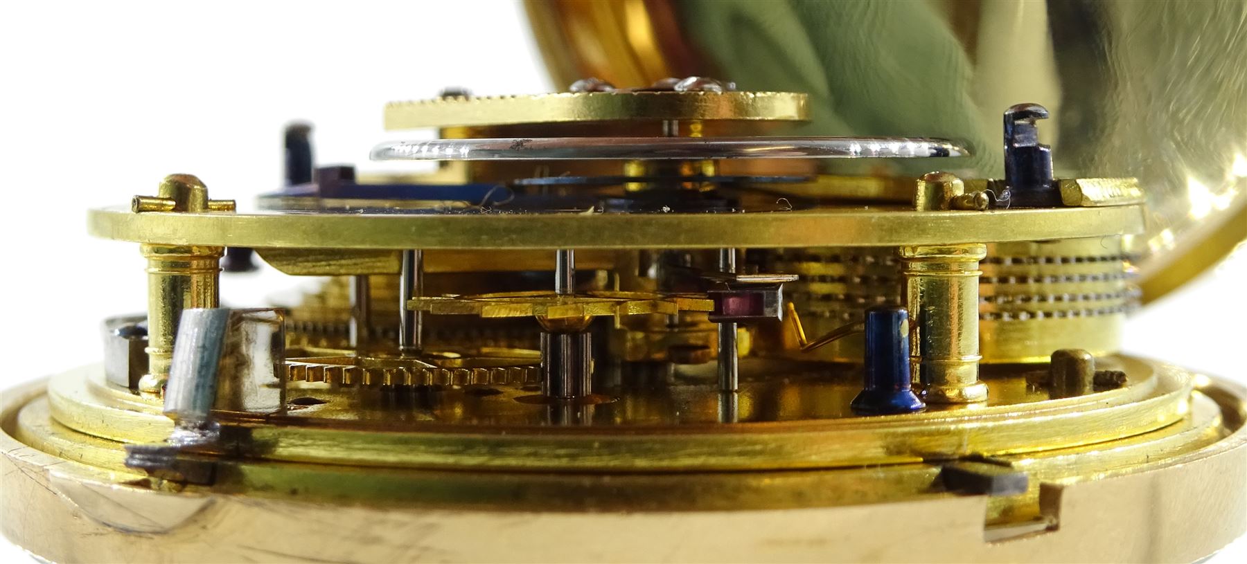 George III 18ct gold pair cased English lever fusee pocket watch by John Bolton, Durham, No. 844, round baluster pillars, engraved balance cock with flower decoration and diamond endstone, stop/work lever, cream enamel dial with Roman numerals and subsidiary seconds dial, case makers mark V&R, Chester 1819