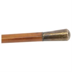 20th century novelty walking stick, the L-shaped metal handle as a whistle, bamboo cane, together with another novelty walking stick hardwood stick topped with a metal handle engraved A. Nutt, the top unscrewing to reveal an inner compartment containing a metal Irish flute, largest L96cm 