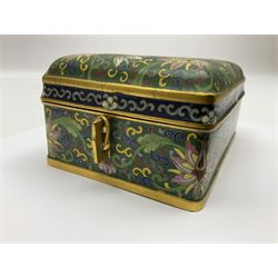 20th century Chinese cloisonne enamel smoking set, comprising two ashtrays, box and tray, with floral and foliate scrolling on green ground