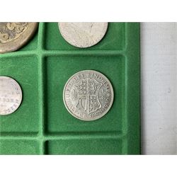 Coins and medallions including, York 1811 one shilling cattle and barber silver token, United States of America 1883O silver Morgan dollar, birds of destiny medal by Malcolm Appleby, Great British King George V 1930 halfcrown, King Edward VII 1902 silver medal, King George V 1916 halfcrown etc, housed in a case with lift out green coin trays