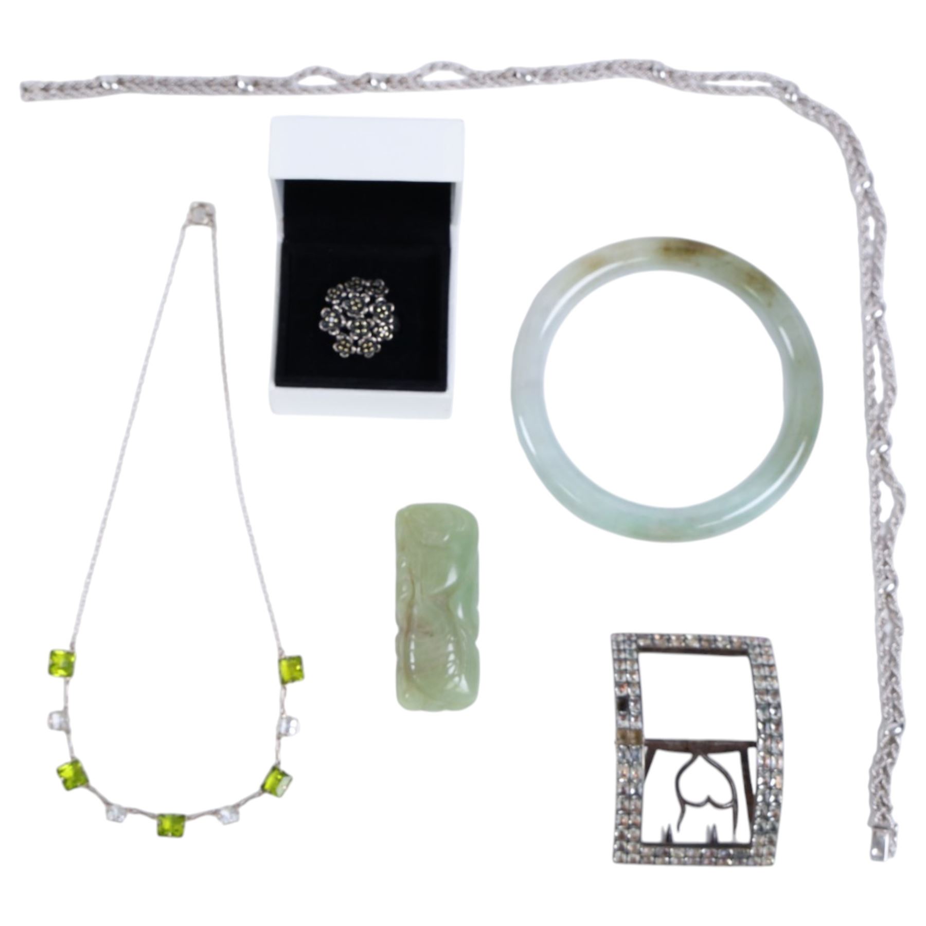 Jade bangle and carving, silver Pandora Forever Bloom ring, silver paste buckle and costume jewellery
