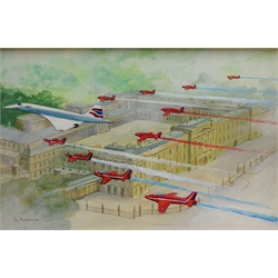 MS UI Gothic Queens Jubilee Concorde and Red Arrows Flypast over Buckingham Palace, oil on board signed by Don Micklethwaite (British 1936-) 40cm x 60cm   