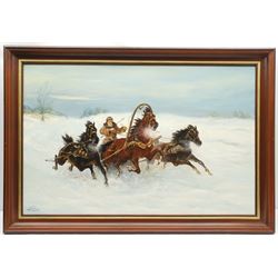 Robert Nowak (Polish Contemporary): Horse-drawn Chariot in Snow, oil on canvas signed and dated 2004, titled in Polish verso 58cm x 90cm