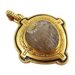 19th gold locket pendant, carved agate mask face, with ruby and black enamel surround, the reverse with hinged hardstone compartment