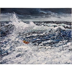  Lifeboat in Stormy Weather, contemporary oil on canvas signed by Barry Clasper unframed 40 x 51cm  Donated to Filey Lifeboat by the artist  