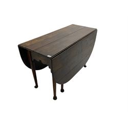 George III oak drop-leaf dining table, oval top over gate-leg action cabriole supports