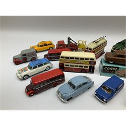 Corgi - 50th anniversary issue of first model No.200 Ford Consul Saloon, boxed; and nineteen unboxed and playworn models including three Citroen Safaris; Vanwall Racing Car; Bedford Dormobile; eight double/single deck buses and trolley buses; Jeep FC150 cherry picker etc (20)