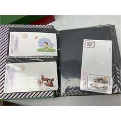 Mostly Chinese stamps including  covers and postcards, many being from the 80s and 90s, housed in ten folders