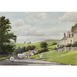 Geoffrey H Douthwaite (British 20th century): 'A Moorland Village', watercolour signed, titled verso together with English School (20th century): Golden Retriever, chalk on paper unsigned max 25cm x 34cm