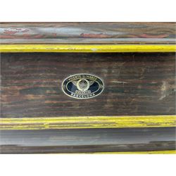 Faventia Half size miniature Spanish barrel piano with a 40cm cylinder playing tunes on a 37 note movement including woodblock and triangle, in a painted case with silk embroidered decoration to the front.  Vicente Linares, Barcelona trade label, with original crank handles, stringing, hammers action, tuning pins and cylinder