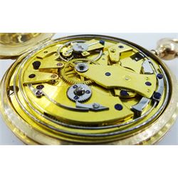 18ct gold open face key wound quarter repeating Swiss lever pocket watch by Garni en Pierre, No. 5090, the gold dust cover inscribed 'Echappement Libre a Ancre', plunge repeat in the pendant, silver engine turned dial with Roman numerals and subsidiary seconds dial