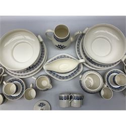 Wedgwood Persephone pattern part tea and dinner service, designed by Eric Ravilious, eight dinner plates, eight side plates, eight dessert plates, two covered tureens, meat platter, coffee pot, eight coffee cans and saucers, milk jug, covered sucrier etc (64)