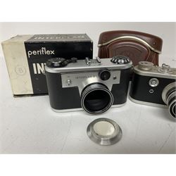 Corfield Periflex I 35mm periscope camera body,  with 'Corfield Lumar-X 1:3,5/50' lens, and Corfield Interplan-B camera body, serial no. 9111482 in original box, and with ready case