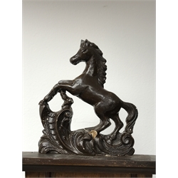  Large Victorian walnut Vienna type wall clock with prancing horse cresting and turned finials, twin weight Gustav Becker movement half hour striking on a coil, H126cm  