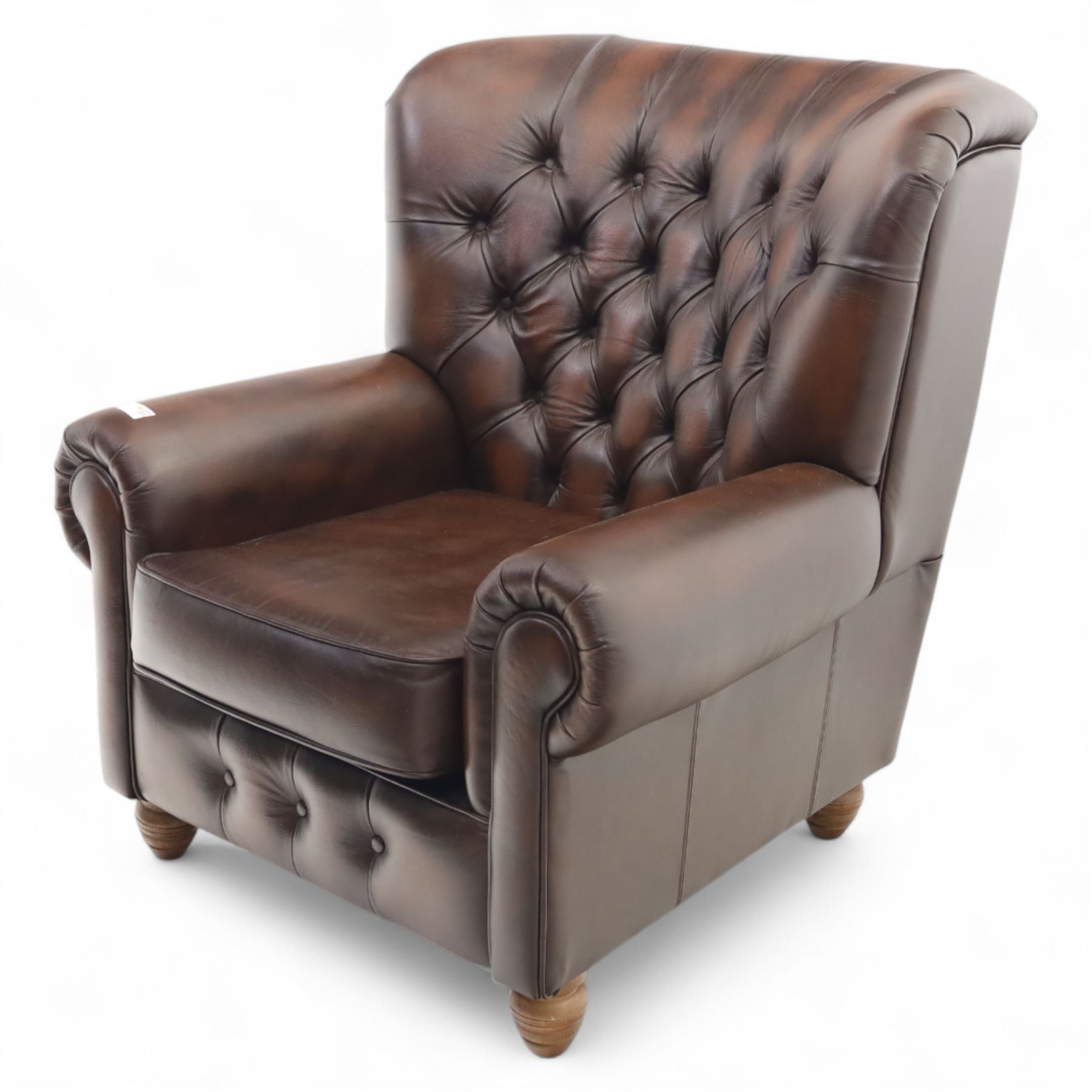 Thomas Lloyd  - armchair, brown leather,  button upholstered back, cushion seat, and wide scrolled arms, raised on bun feet