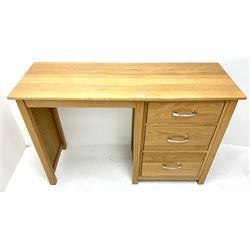 Light oak pedestal desk, three graduating draws, style supports
