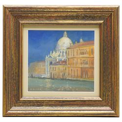 Raymond Oliver (British 1933-): 'San Maria Della Salute Venice' 'Rainy Day St Marks Venice' & 'A Venetian Doorway', set of three acrylic on watercolour paper signed, titled verso 16cm x 15cm