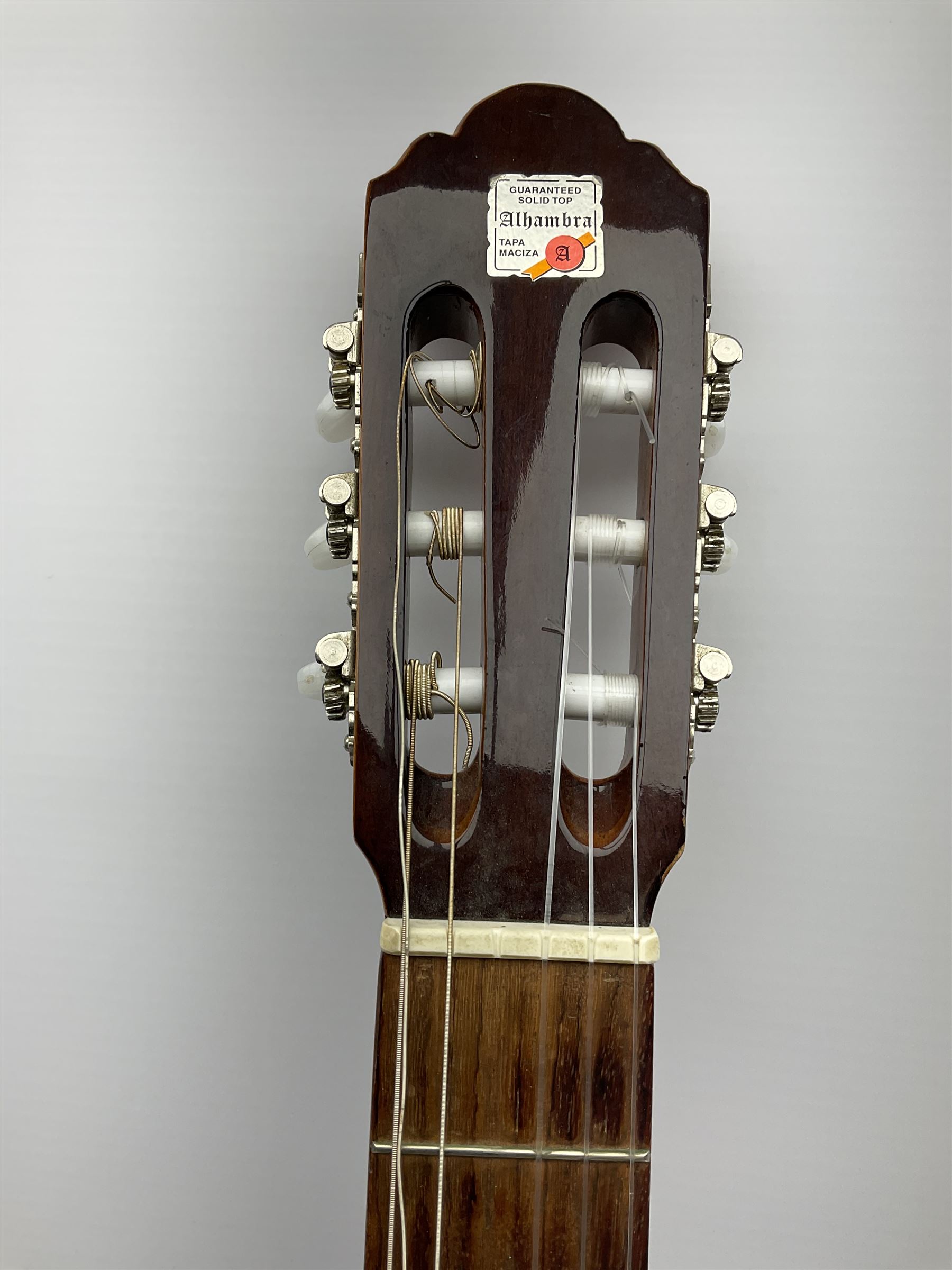Alhambra Muro De Alcoy Spanish acoustic guitar No.47045807 with mahogany back and sides and spruce top L101cm, in carrying case with Seiko metronome and Chromatic Tuner