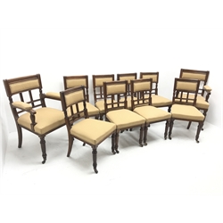 Set ten (8+2) late Victorian walnut dining chairs, moulded frames, upholstered seats and backs, the carvers with upholstered arms, turned and carved front supports, on ceramic castors, carver seat width - 58cm