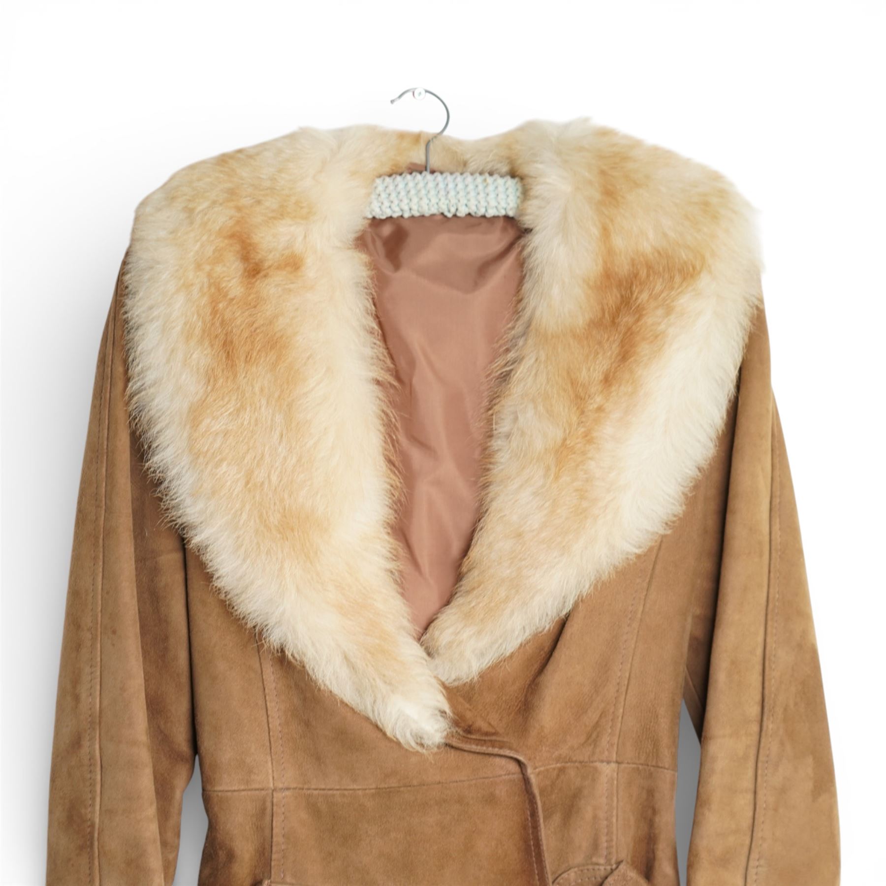 Mink coat, 1970s lamb fur trimmed coat, suede coat and Tom Bawker cream coat, and two pairs of ladies shoes approx size 8 (6)